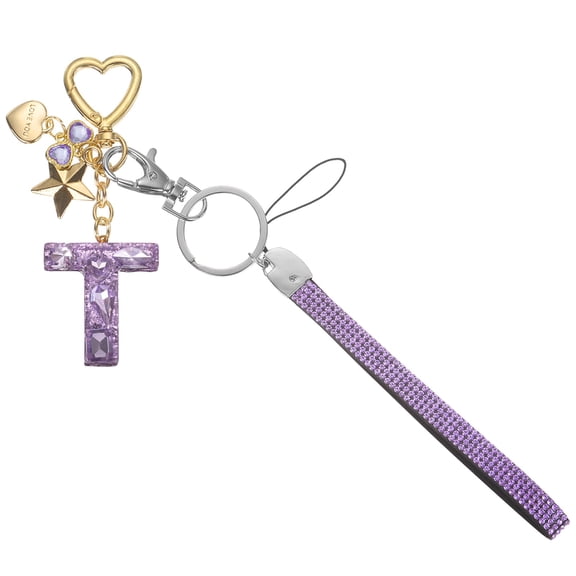 Uxcell Cute Initial Letter Keychain - Bling Love Heart Star Keychains Women Key Chain with Wristlet for Bag Backpack Purse Car Keys Cup Accessories, Purple (Letter-T)