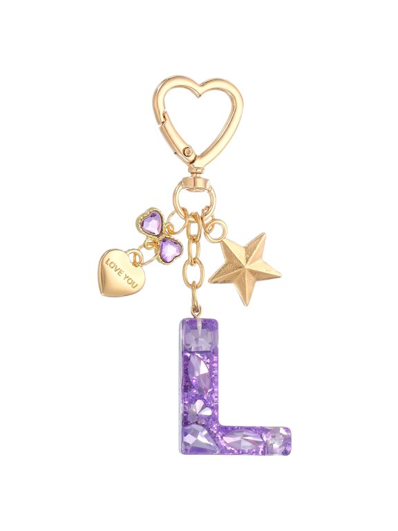 Cute Initial Letter Keychain for Bag Backpack Purse Car Keys Purple Letter L