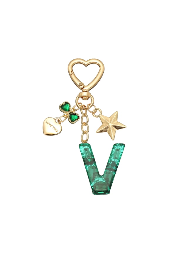 Cute Initial Letter Keychain for Bag Backpack Purse Car Keys Green Letter V