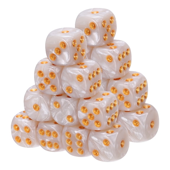 Uxcell D6 Dice 16mm Standard Game Dice, Square Acrylic 6 Sided Pearl Pattern Dice Perfect for DND Board Games, Table Game & Classroom Teaching (White/Gold, 20pcs)