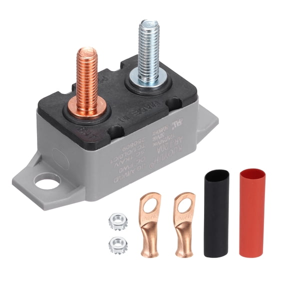 Uxcell DC 50V AC 125/250V 20A Circuit Breaker, Auto Reset Stud Bolt Type Circuit Breaker with Screws Nuts Wire Clamps and 3:1 Heat Shrink Tubing for Automotive (Gray)
