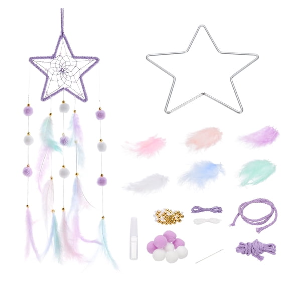 Uxcell DIY Dream Catcher, Star Making Dream Catcher Supplies Handmade Dream Catcher Kit Feather Pompom Beads for Wall Hanging Ornament Decor Craft, Purple
