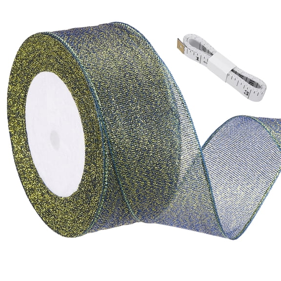 Uxcell Dark Blue Glitter Ribbon (25 Yards, 1-4/7" Wide) with Gold Thread Sparkly Metallic Fabric Ribbons - Sparkly Practical, for Gift Wrapping Balloons Crafts DIY Decor Holiday
