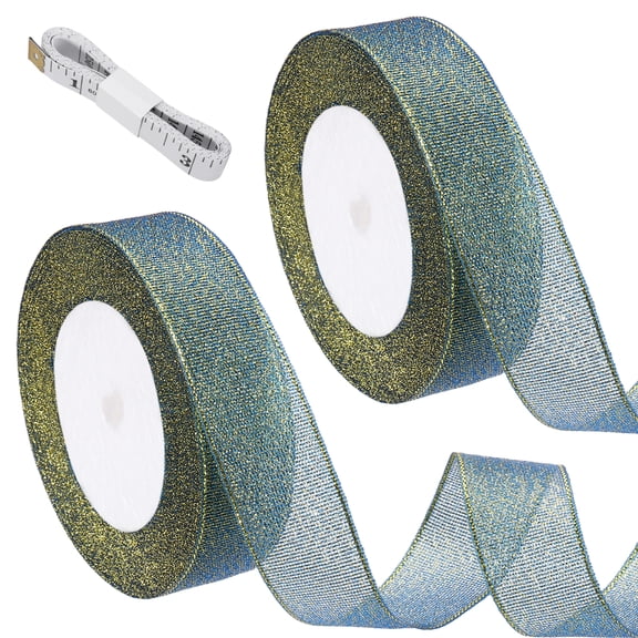 Uxcell Dark Blue Glitter Ribbon (25 Yards, 1" Wide) with Gold Thread Sparkly Metallic Fabric Ribbons - Sparkly Practical, for Gift Wrapping Balloons Crafts DIY Decor Holiday