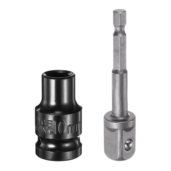 Uxcell Deep 6-Points Impact Socket 1/2" Drive 10mm Metric Socket 1.5" Length with 1/4" Hex Shank Adapter, CR-V Steel Socket Adapter Accessory Tool Set Kit for Hex Bolts Nuts