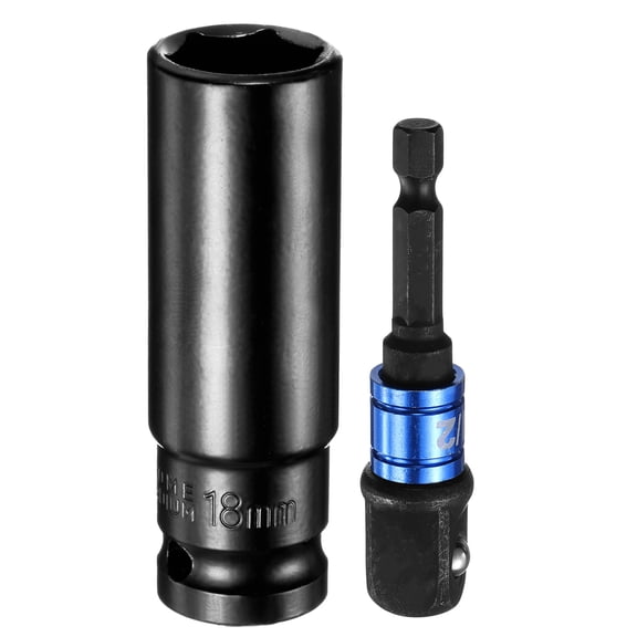 Uxcell Deep 6-Point Impact Socket 1/2" Drive 18mm Metric Socket 3" Length with 1/4" Hex Shank Adapter, CR-V Steel Socket Adapter Accessory Tool Set Kit for Hex Bolts Nuts
