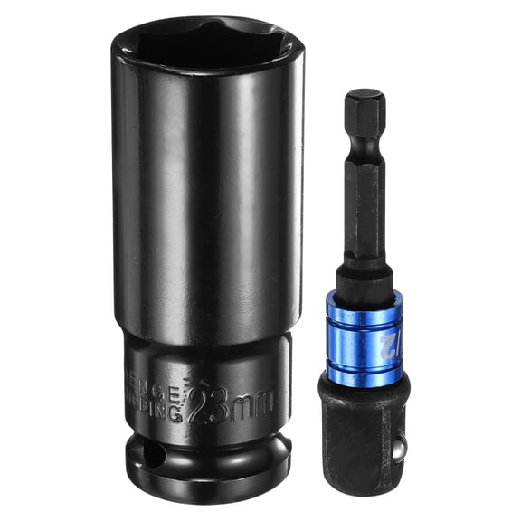Uxcell Deep 6-Point Impact Socket 1/2" Drive 23mm Metric Socket 3" Length with 1/4" Hex Shank Adapter, CR-V Steel Socket Adapter Accessory Tool Set Kit for Hex Bolts Nuts