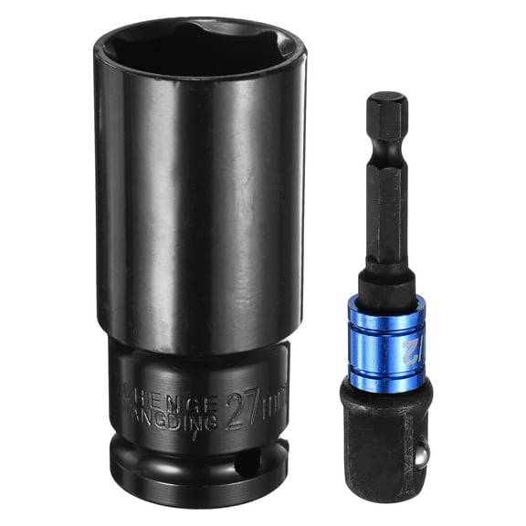 Uxcell Deep 6-Point Impact Socket 1/2" Drive 27mm Metric Socket 3" Length with 1/4" Hex Shank Adapter, CR-V Steel Socket Adapter Accessory Tool Set Kit for Hex Bolts Nuts