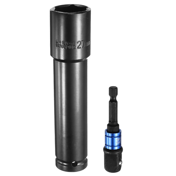 Uxcell Deep 6-Point Impact Socket 1/2" Drive 27mm Metric Socket 6" Length with 1/4" Hex Shank Adapter, CR-V Steel Socket Adapter Accessory Tool Set Kit for Hex Bolts Nuts