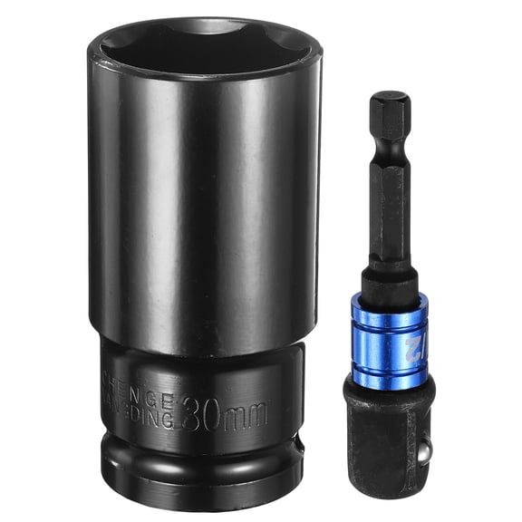 Uxcell Deep 6-Point Impact Socket 1/2" Drive 30mm Metric Socket 3" Length with 1/4" Hex Shank Adapter, CR-V Steel Socket Adapter Accessory Tool Set Kit for Hex Bolts Nuts