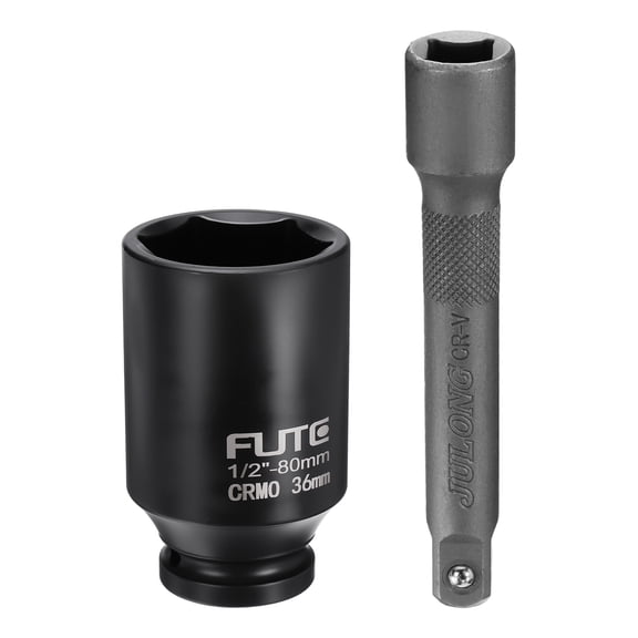 Uxcell Deep 6-Point Impact Socket 1/2" Drive 36mm Metric Socket 3" Length with 5" Long 1/2" Drive Socket Extension Bar Ratchet Wrench Driver Adapter Tool Set Kit for Hex Bolts Nuts