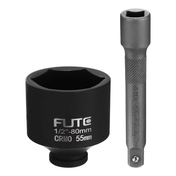 Uxcell Deep 6-Point Impact Socket 1/2" Drive 55mm Metric Socket 3" Length with 5" Long 1/2" Drive Socket Extension Bar Ratchet Wrench Driver Adapter Tool Set Kit for Hex Bolts Nuts