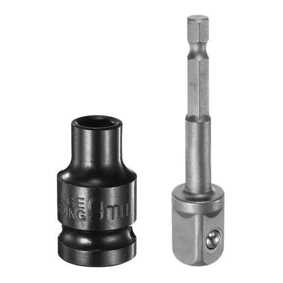 Uxcell Deep 6-Point Impact Socket 1/2" Drive 9mm Metric Socket 1.5" Length with 1/4" Hex Shank Adapter, CR-V Steel Socket Adapter Accessory Tool Set Kit for Hex Bolts Nuts