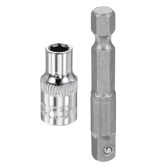 Uxcell Deep 6-Point Impact Socket 1/4" Drive 5.5mm Metric Socket 1" Length with 1/4" Hex Shank Adapter, CR-V Steel Socket Adapter Accessory Tool Set Kit for Hex Bolts Nuts