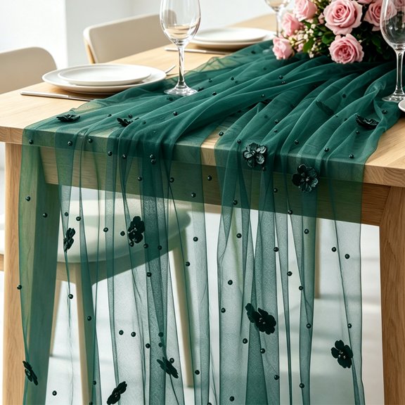 Uxcell Deep Green Flower Pearl Gauze Table Runner, 10ftx59", Tulle Seasonal Spring Kitchen Dining Table Decor for Home Dining Room Wedding Bridal Shower Birthday Anniversary Party