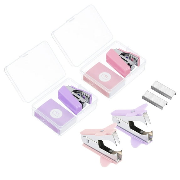 Uxcell Desk Stapler Set with Staples, 2 Set 2 Set Claw Portable Staple Remover Effortless Stapler, Purple,Pink