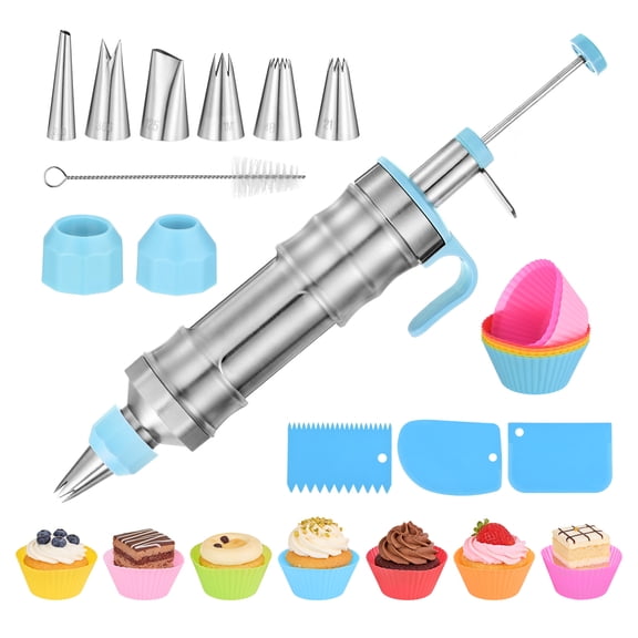 Uxcell Dessert Decorating Set, Cake Decorating Kit with 6Pcs Stainless Steel Piping Tips 7 Pcs Silicone Cupcakes 1 Pcs Brush Frosting Piping Kit for Baking Pastry Decorating, Blue