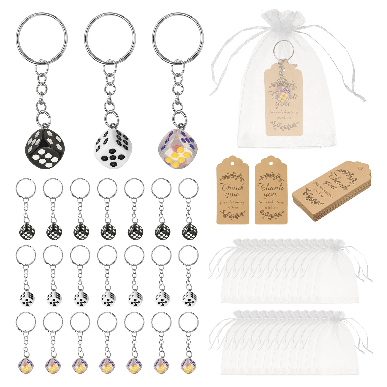 Uxcell Dice Key Chains Bulk with Jute Twine Gift Tag/Mesh Bag, Creative Keyring Charm Pendant for Bag Wallet Purse Car Cellphone Accessories, Black/White/Transparent White