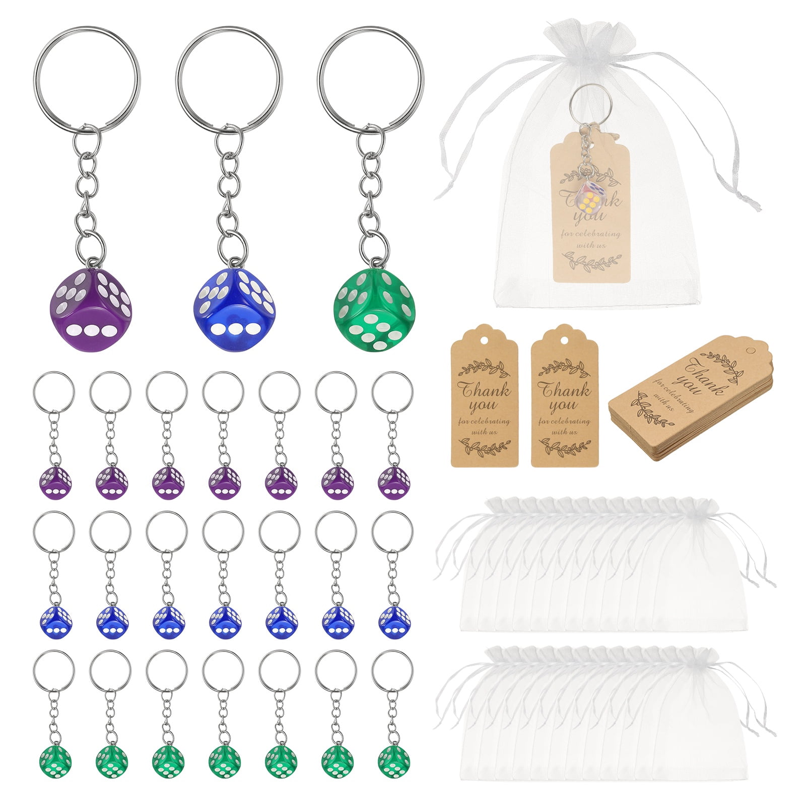 Uxcell Dice Key Chains Bulk with Jute Twine Gift Tag/Mesh Bag, Creative Keyring Charm Pendant for Bag Wallet Purse Car Cellphone Accessories, Blue/Green/Purple