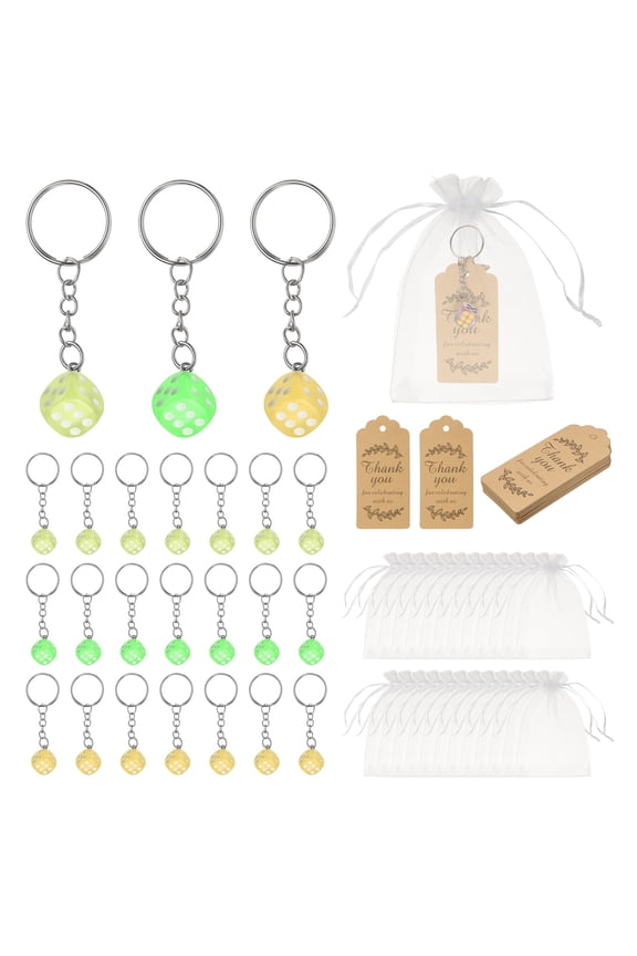 Dice Key Chains Bulk with Jute Twine Gift Tag/Mesh Bag, Creative Keyring Charm Pendant for Bag Wallet Purse Car Cellphone Accessories, Grass Green/Yellow/Lemon Yellow