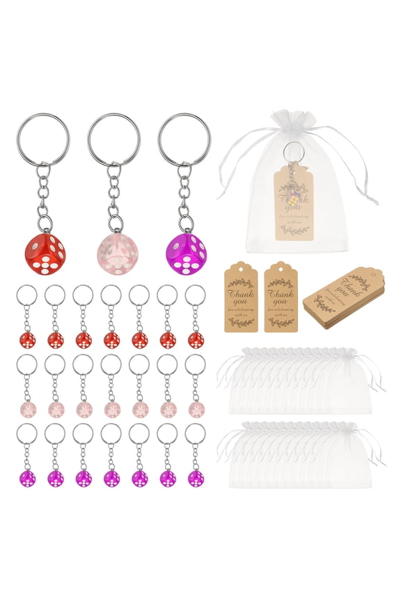 Dice Key Chains Bulk with Jute Twine Gift Tag/Mesh Bag, Creative Keyring Charm Pendant for Bag Wallet Purse Car Cellphone Accessories, Pink/Fuchsia/Red