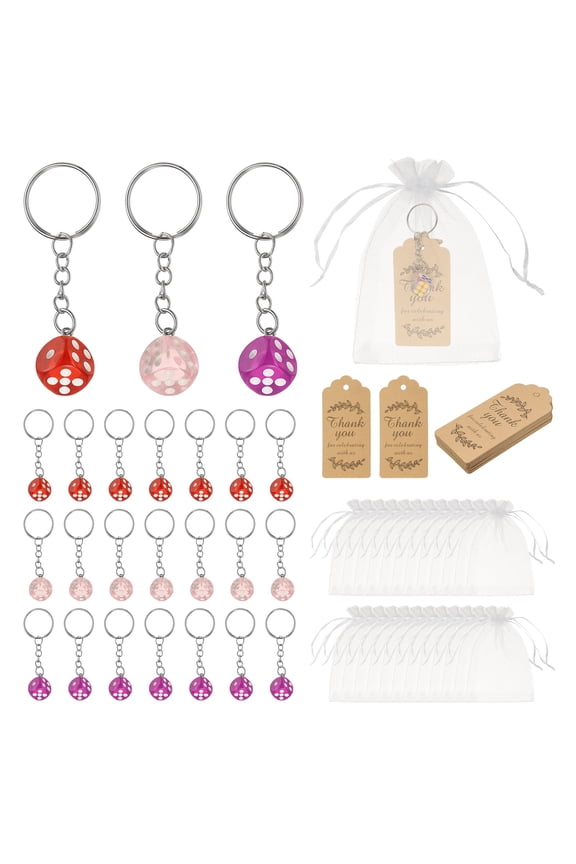 Dice Key Chains Bulk with Jute Twine Gift Tag/Mesh Bag, Creative Keyring Charm Pendant for Bag Wallet Purse Car Cellphone Accessories, Pink/Rose Red/Red