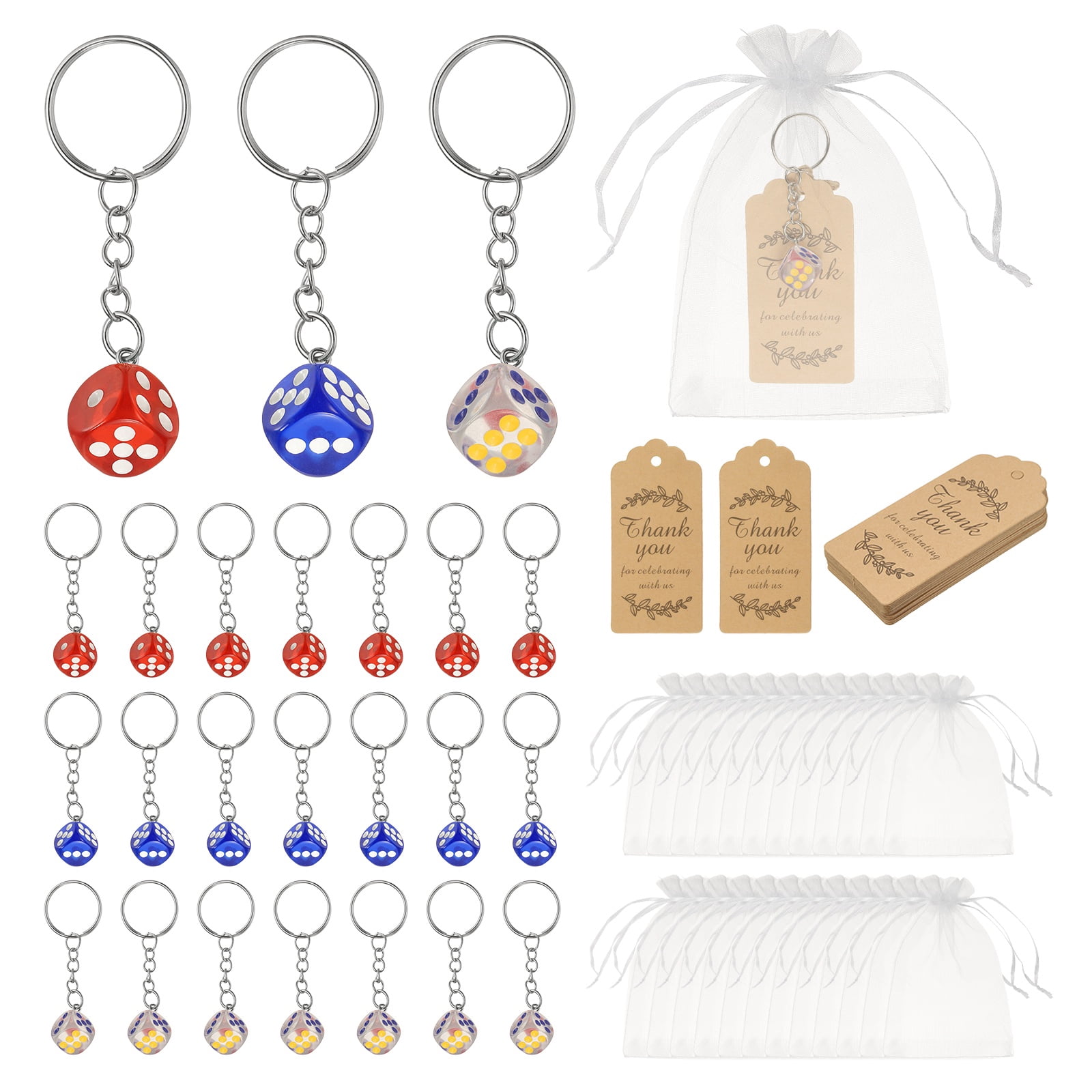 Uxcell Dice Key Chains Bulk with Jute Twine Gift Tag/Mesh Bag, Creative Keyring Charm Pendant for Bag Wallet Purse Car Cellphone Accessories, Transparent White/Blue/Red