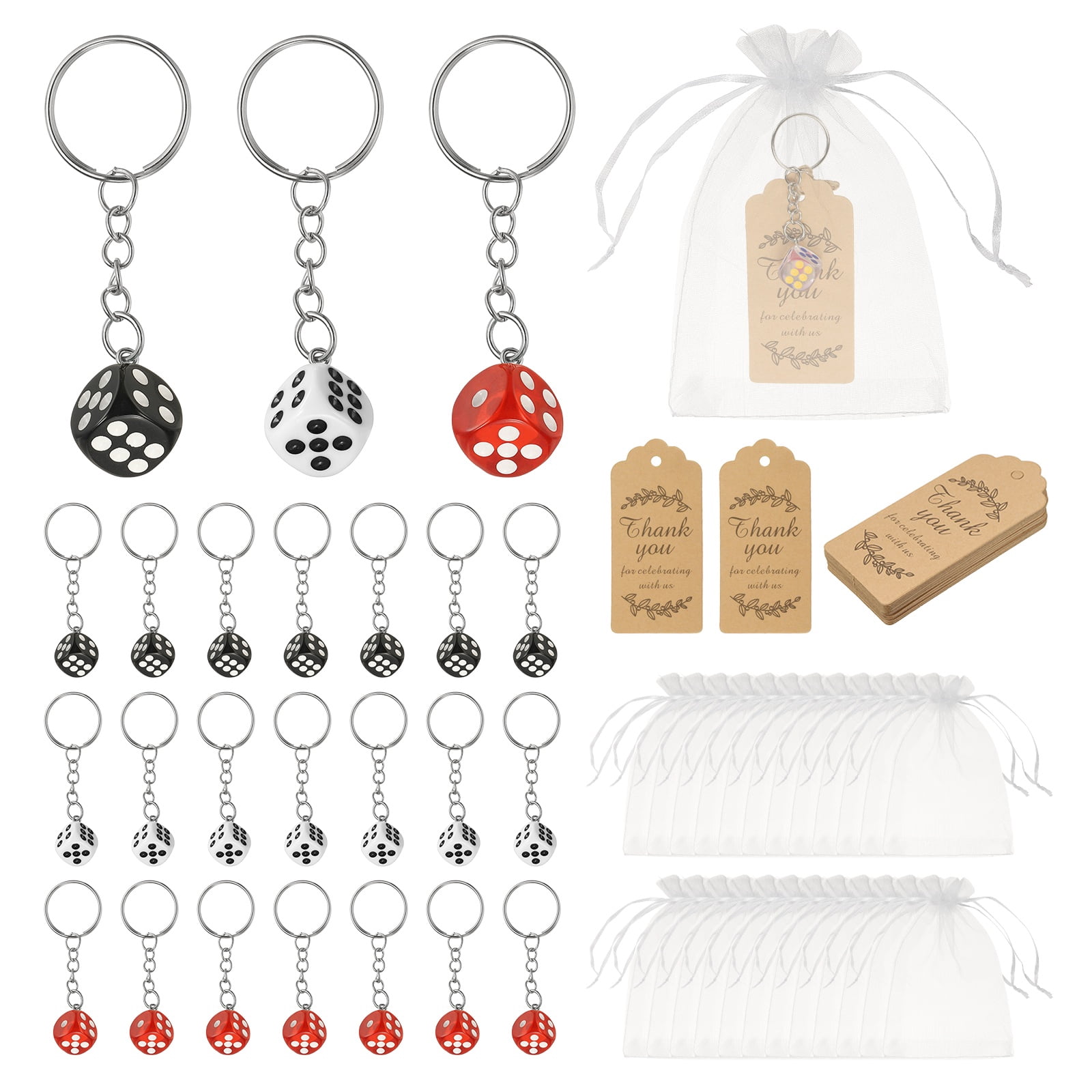 Uxcell Dice Key Chains Bulk with Jute Twine Gift Tag/Mesh Bag, Creative Keyring Charm Pendant for Bag Wallet Purse Car Cellphone Accessories, White/Black/Red