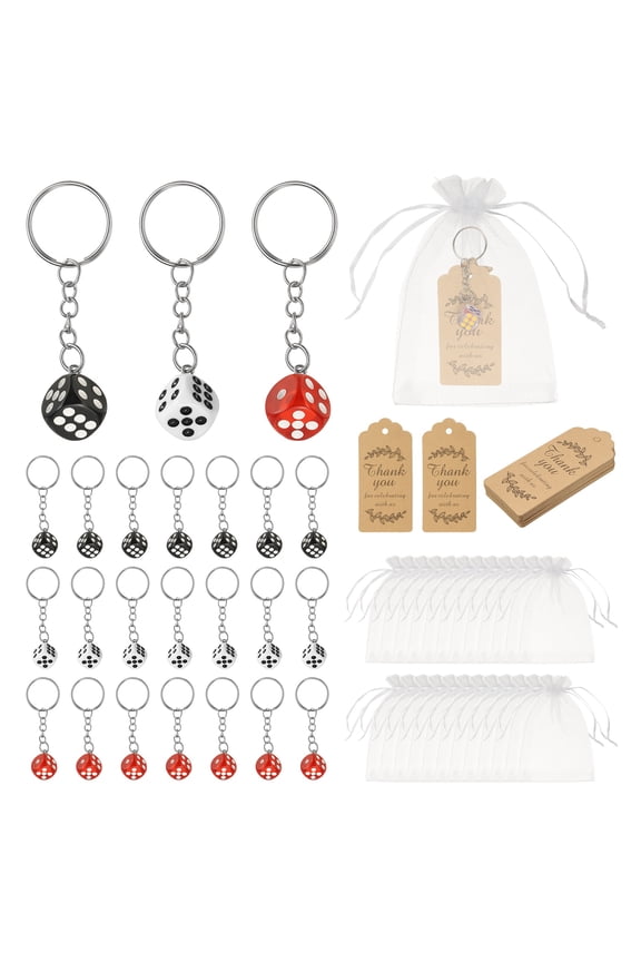 Dice Key Chains Bulk with Jute Twine Gift Tag/Mesh Bag, Creative Keyring Charm Pendant for Bag Wallet Purse Car Cellphone Accessories, White/Black/Red