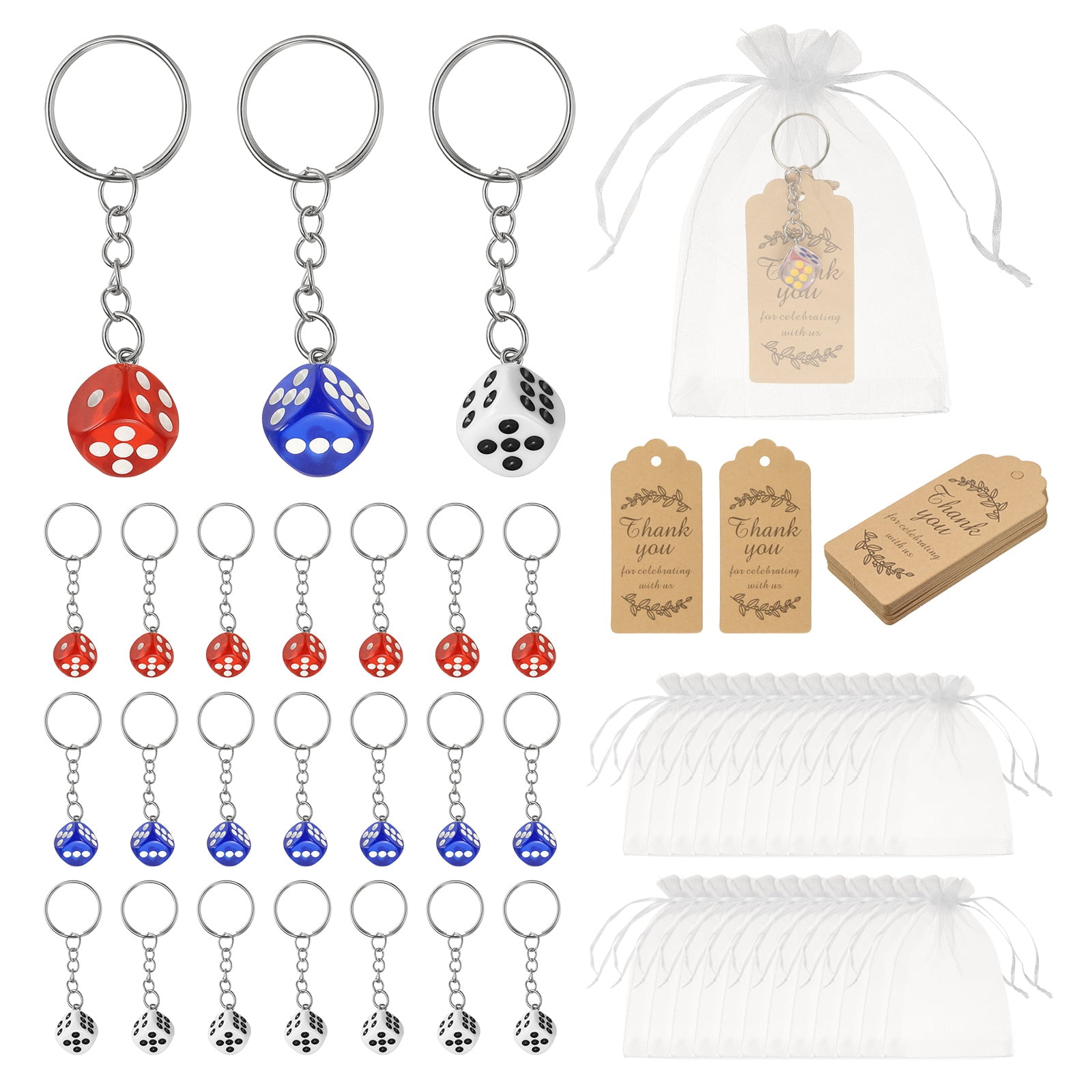 Uxcell Dice Key Chains Bulk with Jute Twine Gift Tag/Mesh Bag, Creative Keyring Charm Pendant for Bag Wallet Purse Car Cellphone Accessories, White/Blue/Red