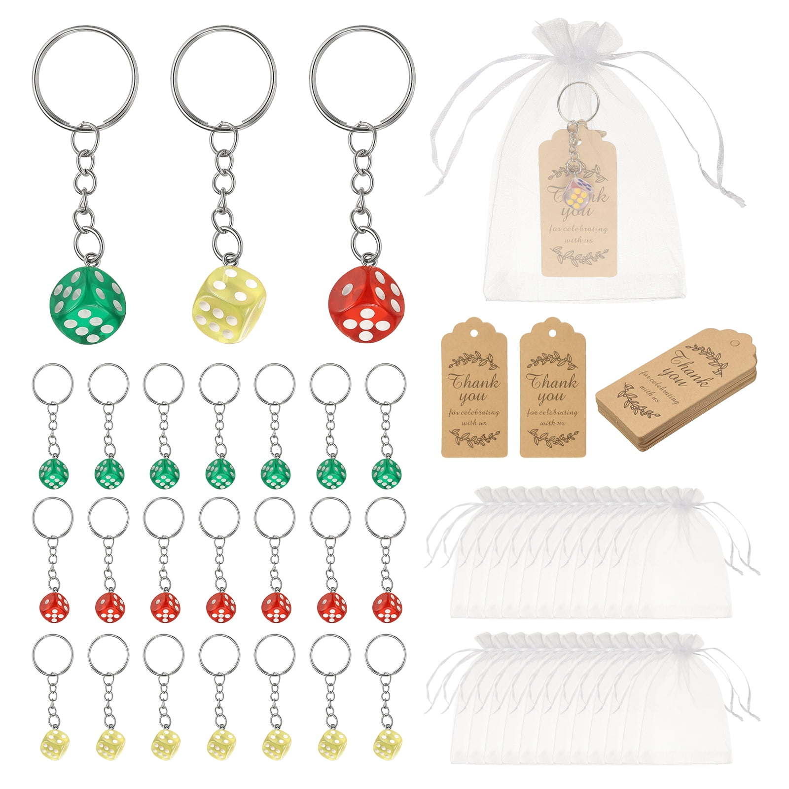 Uxcell Dice Key Chains Bulk with Jute Twine Gift Tag/Mesh Bag, Creative Keyring Charm Pendant for Bag Wallet Purse Car Cellphone Accessories, Yellow/Green/Red