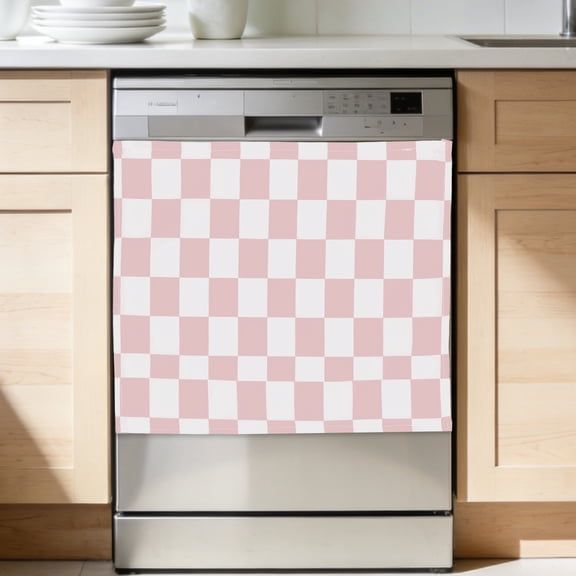 Uxcell Dishwasher Cover, 19 x 24 Inch Hook & Loop Dishwasher Decorative Cover Door Front Washers Fridge Panel Decal Sticker for Home Kitchen Appliance, Pink-White Checkered