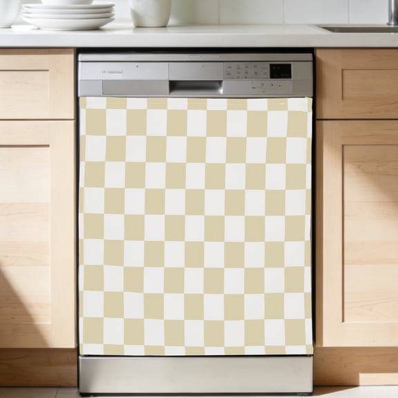 Uxcell Dishwasher Cover, 27 x 24 Inch Hook & Loop Dishwasher Decorative Cover Door Front Washers Fridge Panel Decal Sticker for Home Kitchen Appliance, Beige Checkered