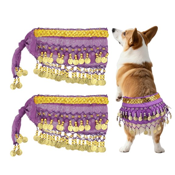 Uxcell Dog Belly Dancer Skirt, Waist Chain Hip Curtain Clothes Dog Costume Puppies Hip Shaking Dance Outfit Hip Scarf with Sequin (2Pcs,Chiffon,Purple), for Pet Cosplay/Party/Birthday