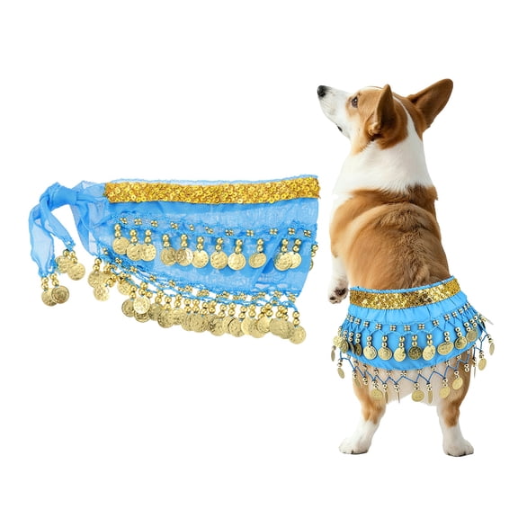 Uxcell Dog Belly Dancer Skirt, Waist Chain Hip Curtain Clothes Dog Costume Puppies Hip Shaking Dance Outfit Hip Scarf with Sequin (Chiffon,Lake Blue), for Pet Cosplay/Party/Birthday