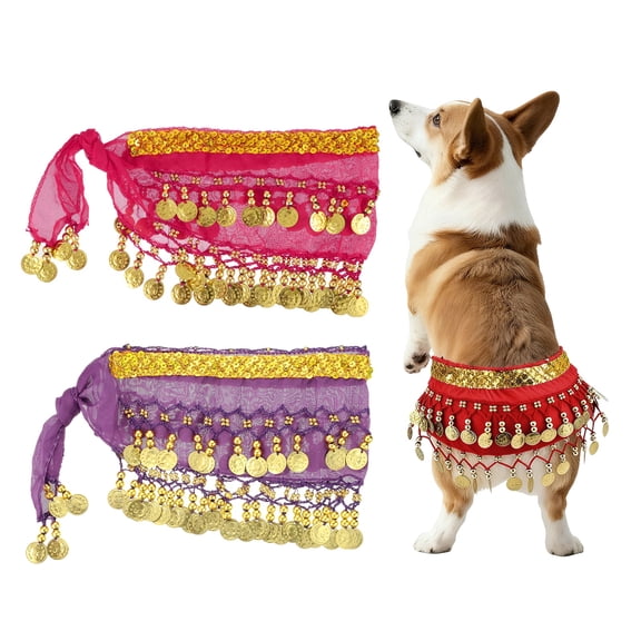 Uxcell Dog Belly Dancer Skirt, Waist Chain Hip Curtain Clothes Dog Costume Puppies Hip Shaking Dance Outfit Hip Scarf with Sequin (2Pcs,Chiffon,Purple/Rose), for Pet Cosplay/Party/Birthday