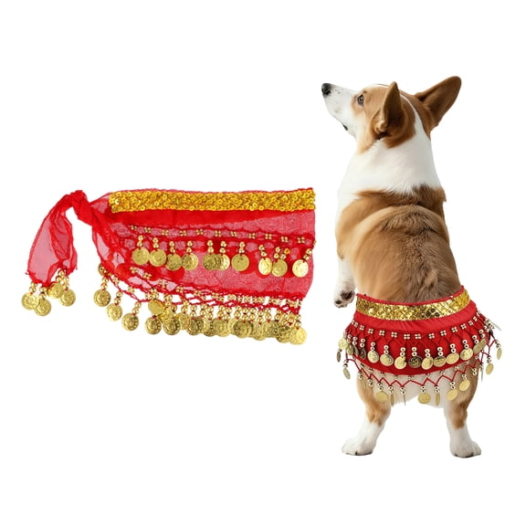Uxcell Dog Belly Dancer Skirt, Waist Chain Hip Curtain Clothes Dog Costume Puppies Hip Shaking Dance Outfit Hip Scarf with Sequin (Chiffon,Red), for Pet Cosplay/Party/Birthday