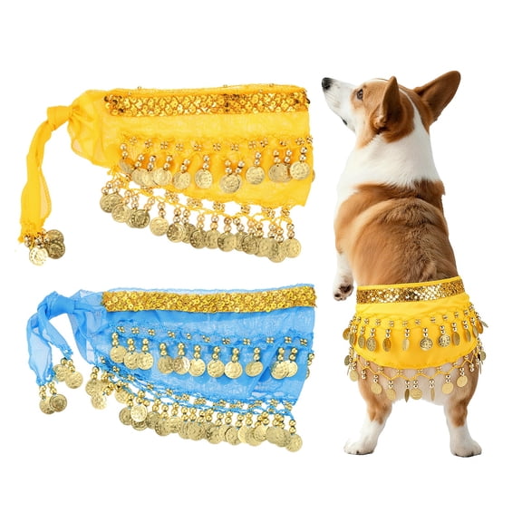 Uxcell Dog Belly Dancer Skirt, Waist Chain Hip Curtain Clothes Dog Costume Puppies Hip Shaking Dance Outfit Hip Scarf with Sequin (Chiffon,Yellow/Lake Blue), for Pet Cosplay/Party/Birthday