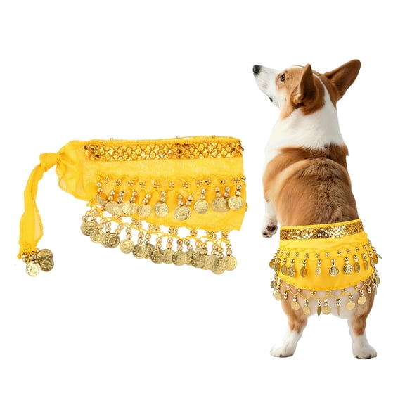 Uxcell Dog Belly Dancer Skirt, Waist Chain Hip Curtain Clothes Dog Costume Puppies Hip Shaking Dance Outfit Hip Scarf with Sequin (Chiffon,Yellow), for Pet Cosplay/Party/Birthday