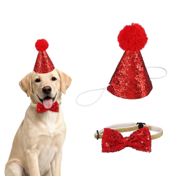Uxcell Dog Birthday Hat and Bowtie, Mini Small Dog Hats Cat Birthday Party Hat with Pompons Adjustable Decor Sequins Cute Costume Accessories (Red, 1 Pcs), for Puppies/Kitten/Grooming