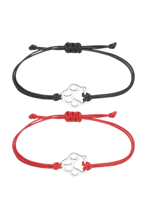 Dog Paw Bracelet for Women, Cat Paw Pet Print Memorial Rope Bracelet Handmade Adjustable String Black/Red 2 Pack