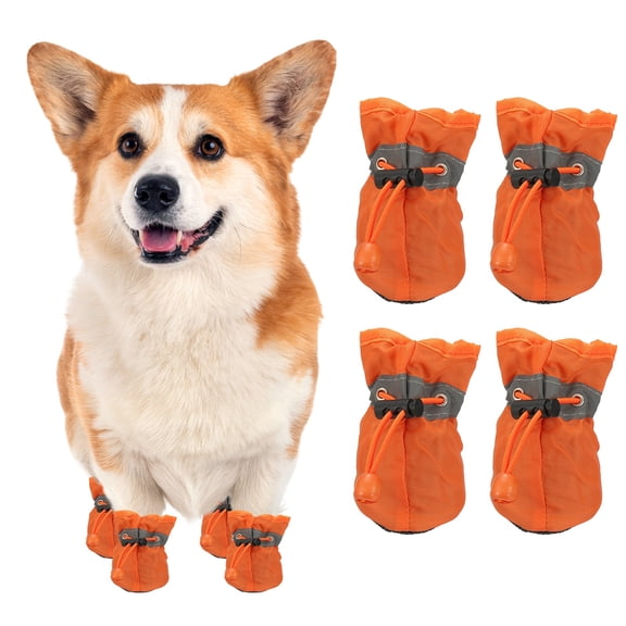 Uxcell Dog Shoes Dog Boots, Paw Protector Anti-Slip Sole Winter with Reflective Strap Waterproof Soft, (4Pcs, Oxford, Size 6, Orange), for Small Medium Puppies/Walking/Outdoor/Hardfloor