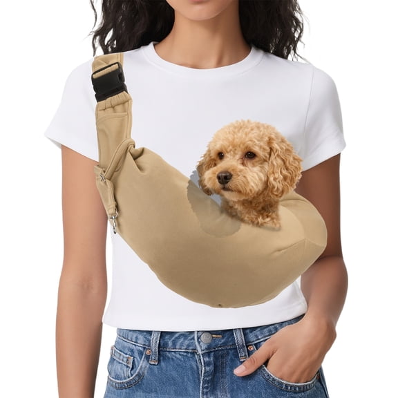 Uxcell Dog Sling Carrier for Small Dogs and Cats Up to 16.5 Lbs, Adjustable Buckle with Pocket Pet Sling Carrier Safety Harness, (Khaki, 1 Pcs) Intended for Outdoor / Camp / Travel