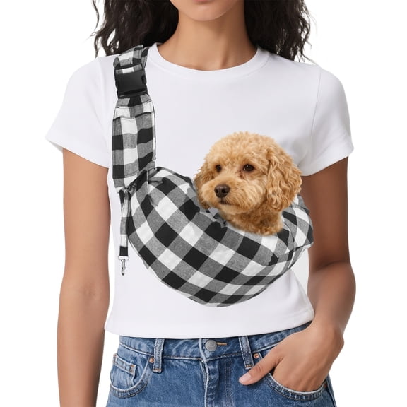 Uxcell Dog Sling Carrier for Small Dogs and Cats Up to 16.5 Lbs, Adjustable Buckle with Pocket Pet Sling Carrier Safety Harness, (White-Black, 1 Pcs) Intended for Outdoor / Camp / Travel