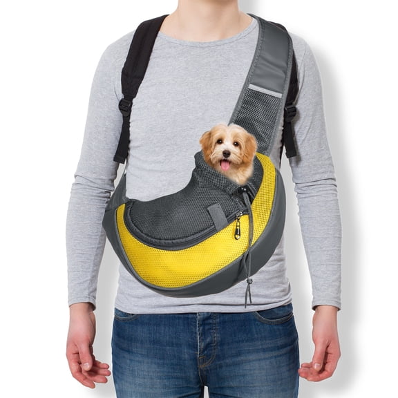 Uxcell Dog Sling Carrier for Small Pet Up to 13.2 lbs Hand-Free Drawstring Pet Sling Carrier with Safety Hook & Adjustable Strap, (Yellow, 1 Pcs) Intended for Hiking and Camping