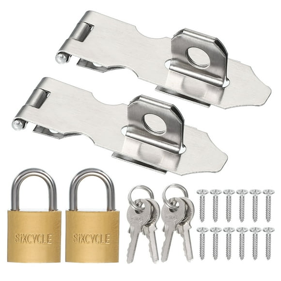 Uxcell Door Lock Hasp Latch Stainless Steel Safety Hasp Lock Clasp Hinge Packlock with Screw Key Silver Gold 2.24"