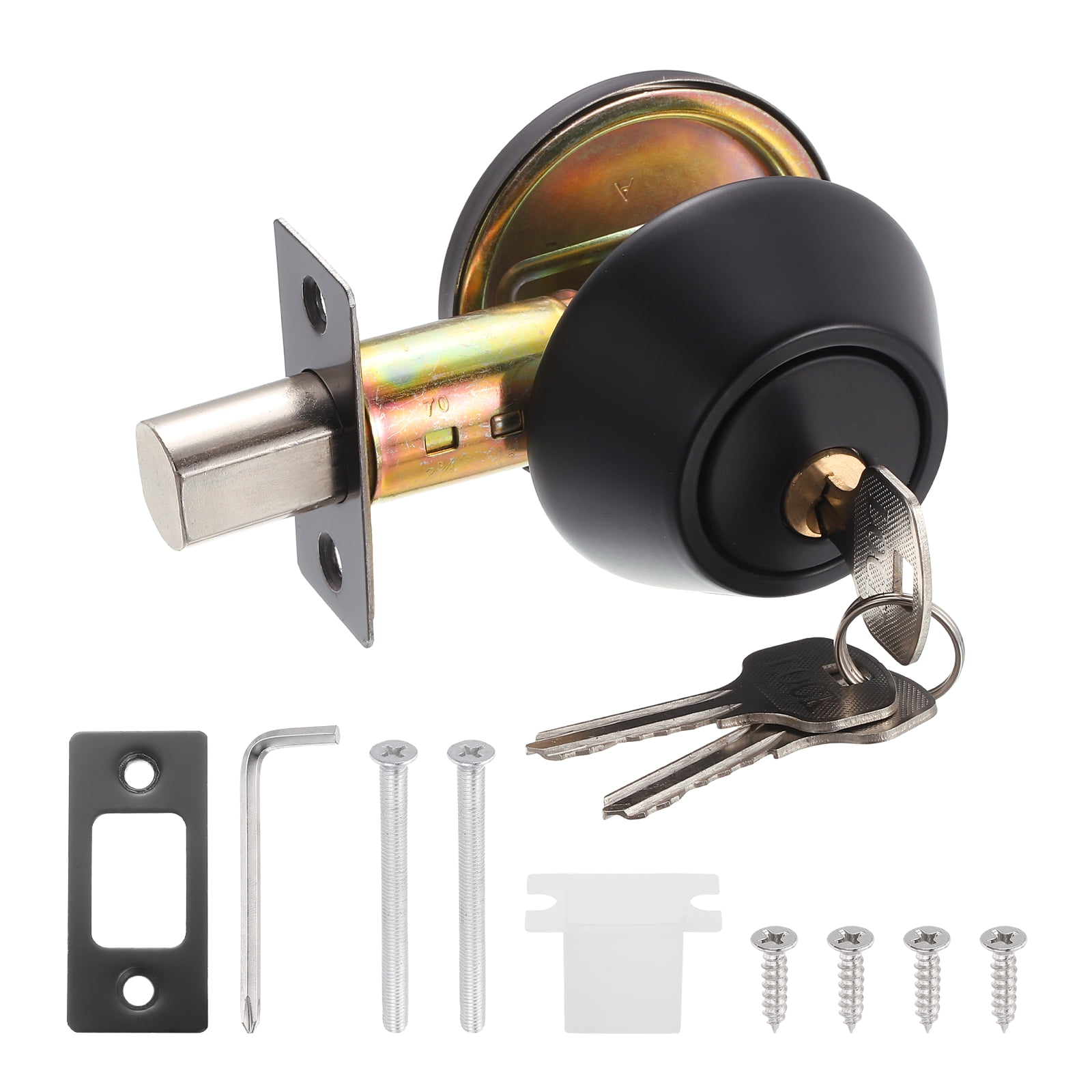 Uxcell Door Lock Set with Single Cylinder Deadbolt (2 Inch, Black) (1 Set), Round Ball Exterior and Interior Door Knobs, Suit for - Bedroom/Bathroom/Office, Keyed Alike