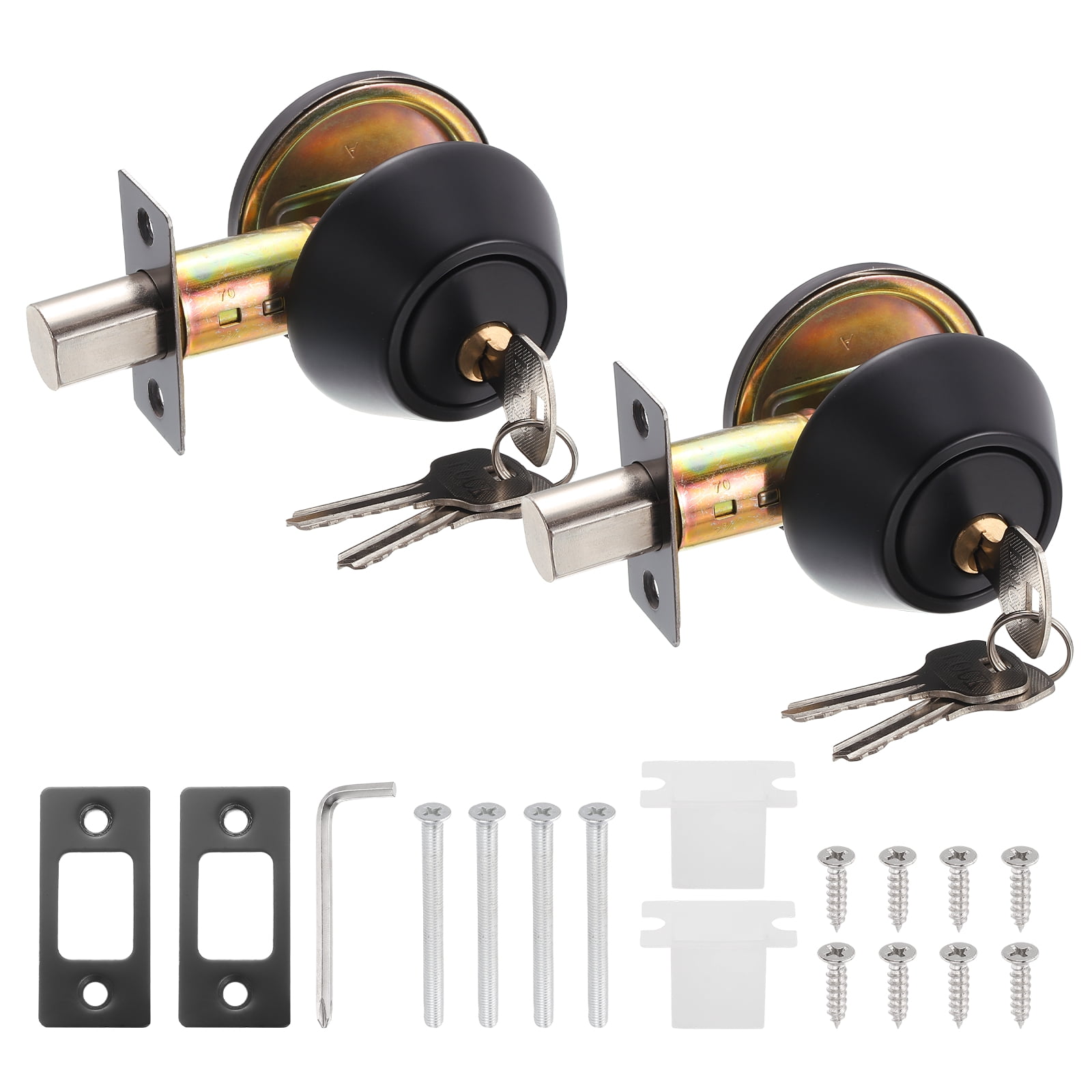 Uxcell Door Lock Set with Single Cylinder Deadbolt (2 Inch, Black) (2 Set), Round Ball Exterior and Interior Door Knobs, Suit for - Bedroom/Bathroom/Office, Keyed Alike