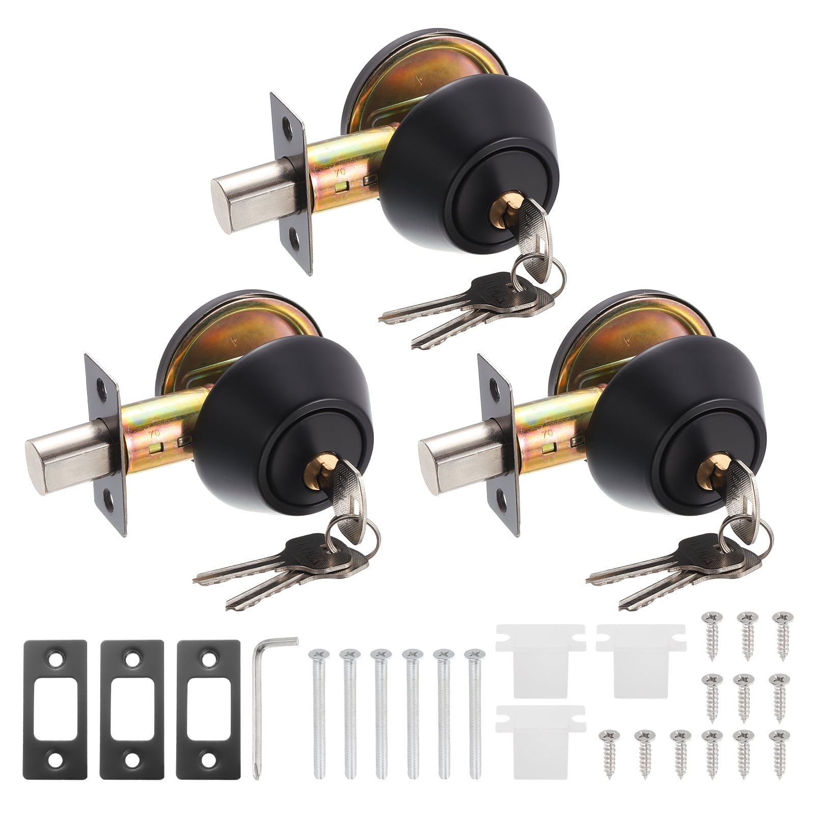 Uxcell Door Lock Set with Single Cylinder Deadbolt (2 Inch, Black) (3 Set), Round Ball Exterior and Interior Door Knobs, Suit for - Bedroom/Bathroom/Office, Keyed Alike