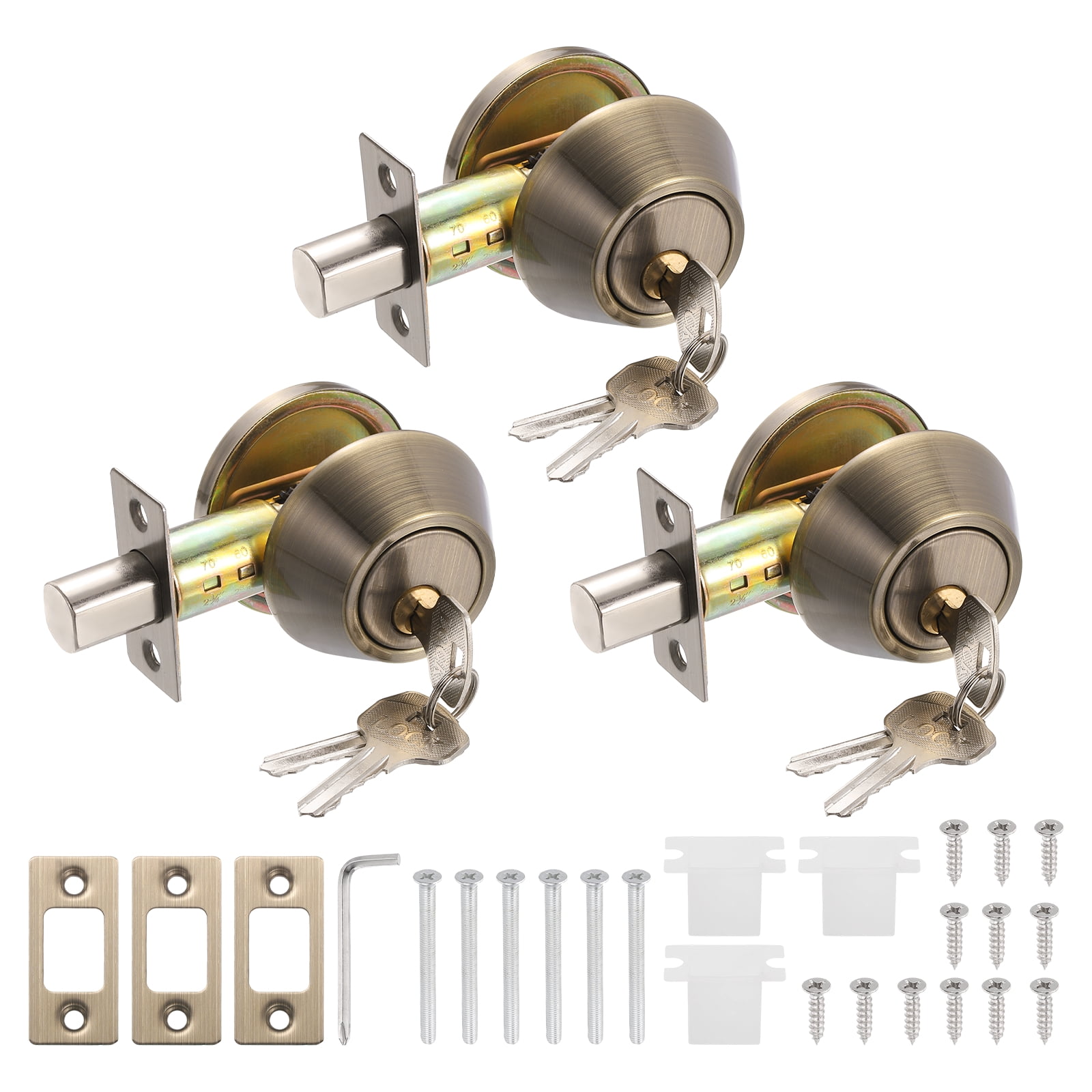 Uxcell Door Lock Set with Single Cylinder Deadbolt (2 Inch, Bronze) (3 Set), Round Ball Exterior and Interior Door Knobs, Suit for - Bedroom/Bathroom/Office, Keyed Alike